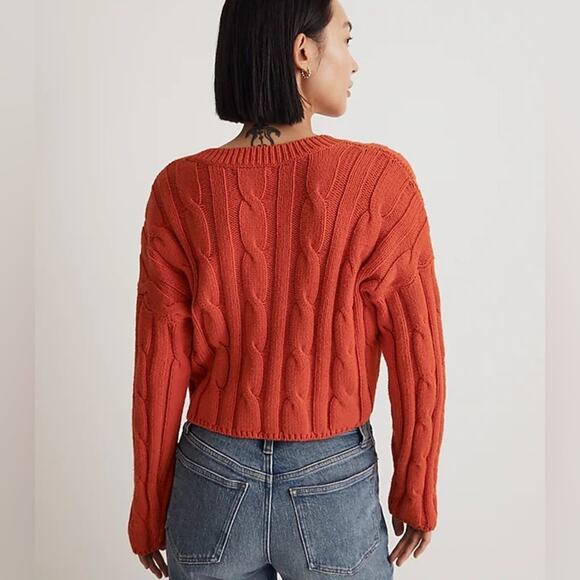 NWT Madewell Women's Cable Knit Fisherman Sweater in Roasted Squash Orange - Picture 5 of 13